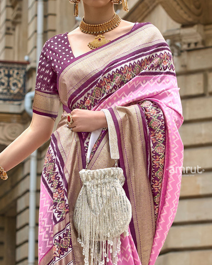 Pink and Magenta Patola Printed Saree with Zari Border & Unstitched Blouse 03