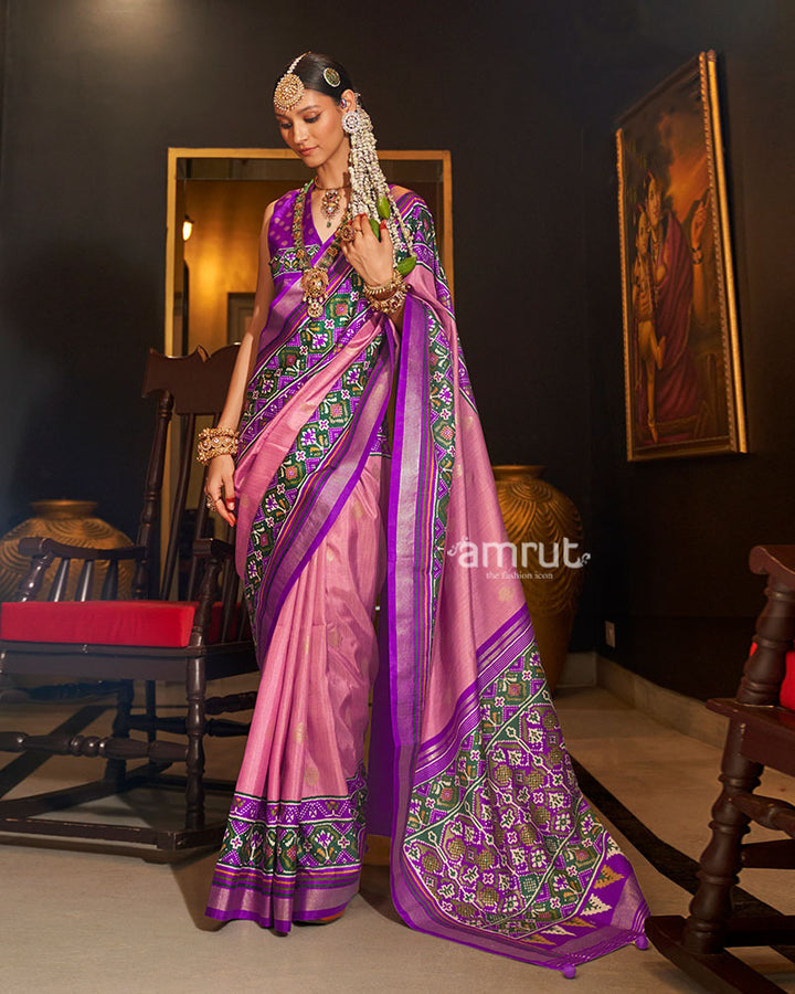 Pink and Purple Printed Border Traditional Saree with Unstitched Blouse 01