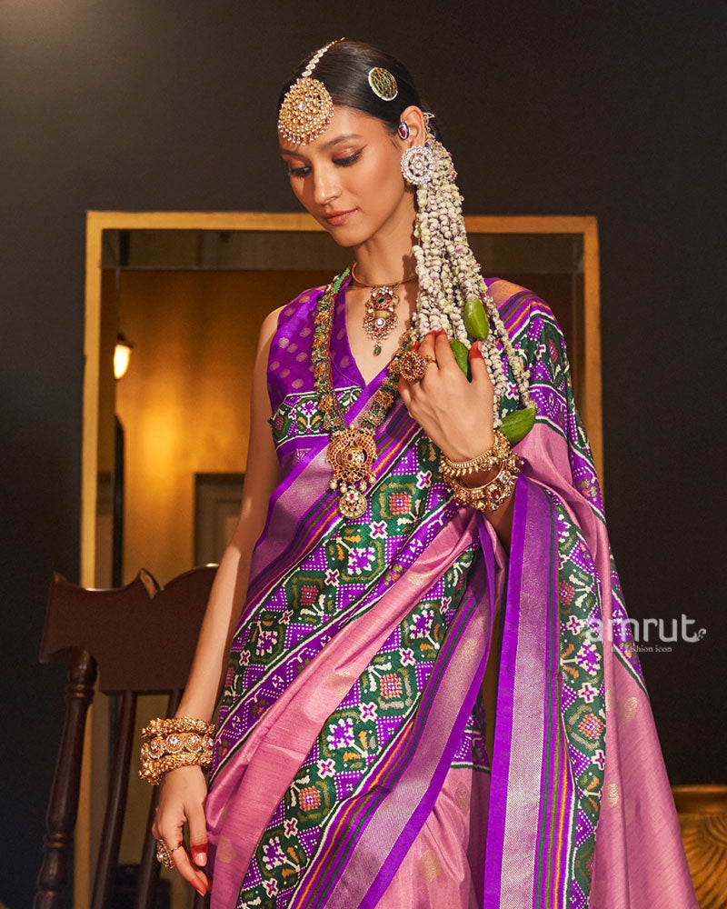 Pink and Purple Printed Border Traditional Saree with Unstitched Blouse 02