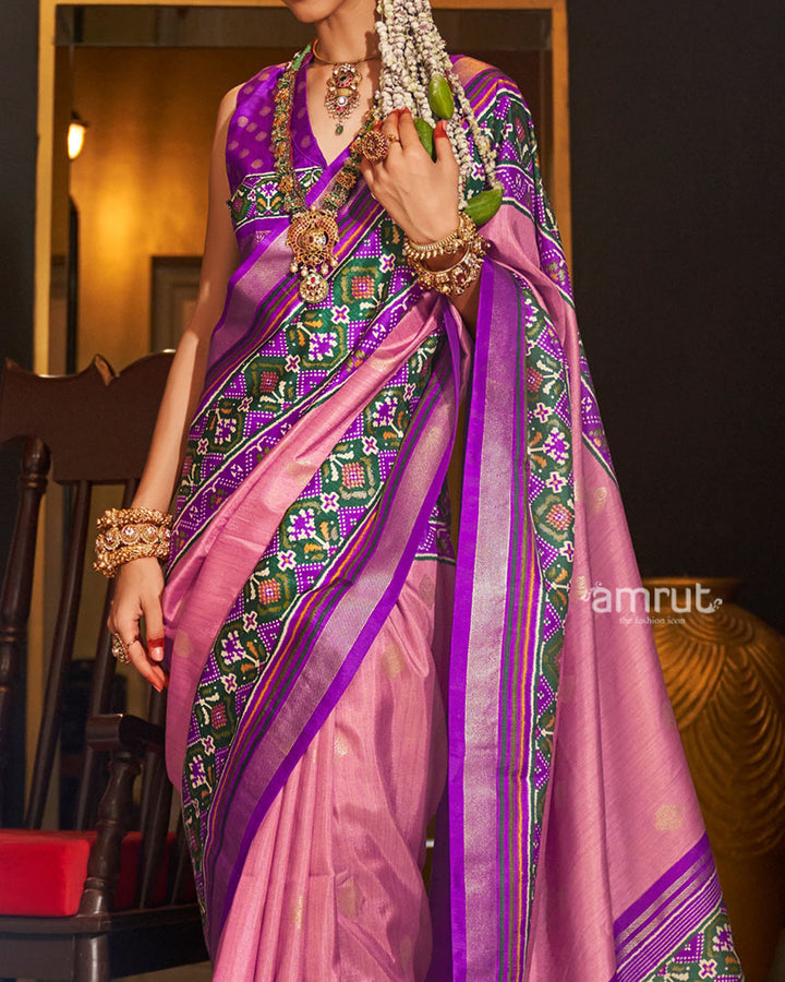Pink and Purple Printed Border Traditional Saree with Unstitched Blouse 03