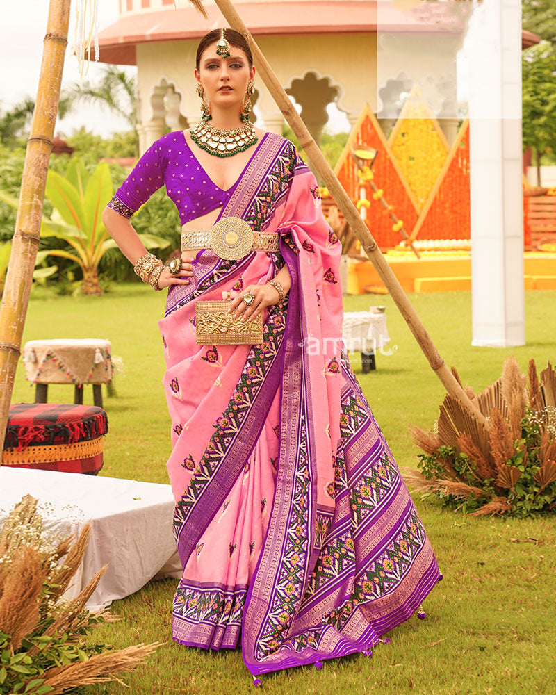 Pink and Purple Printed Patola Silk Saree with Zari Border and Unstitched Blouse 01