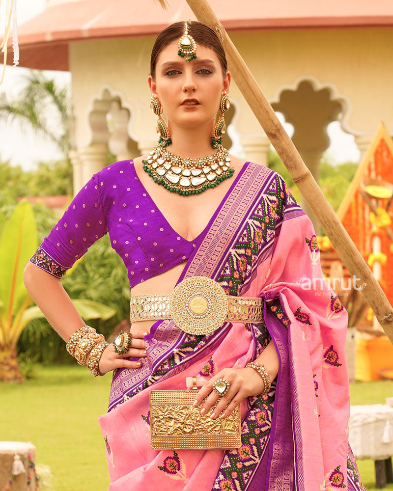 Pink and Purple Printed Patola Silk Saree with Zari Border and Unstitched Blouse 02