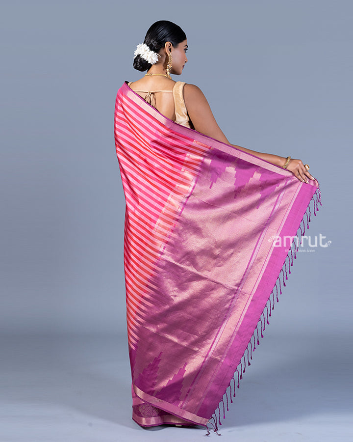 Pink and Purple Striped Saree with Unstitched Blouse 05