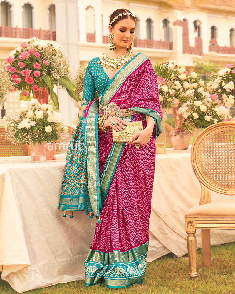 Pink and Teal Blue Zari Border Patola Silk Saree with Unstitched Blouse 01