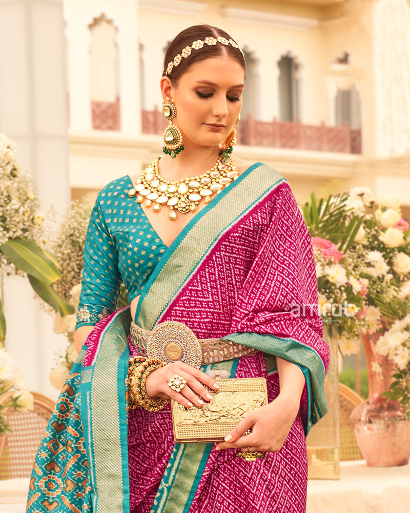 Pink and Teal Blue Zari Border Patola Silk Saree with Unstitched Blouse 02