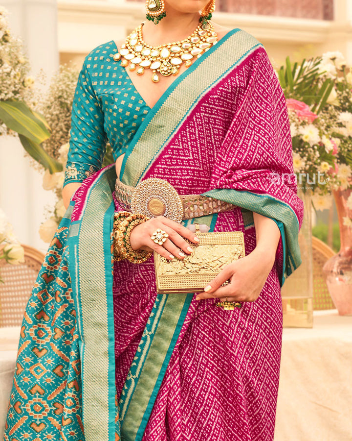 Pink and Teal Blue Zari Border Patola Silk Saree with Unstitched Blouse 03