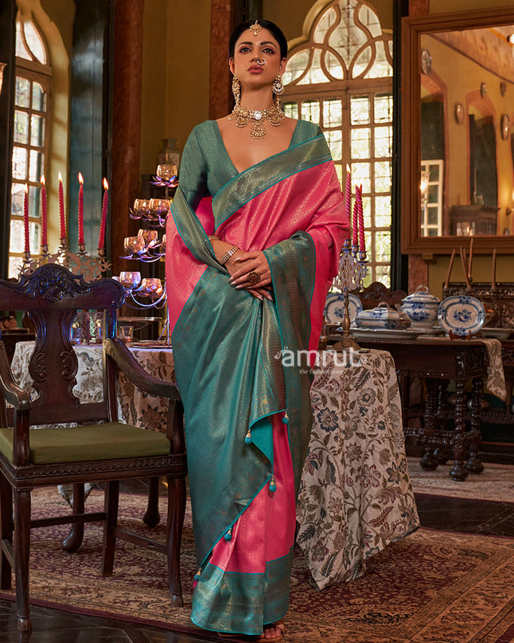 Pink and Teal Paisley Woven Border Kanjeevaram Silk Saree with Unstitched Blouse 01