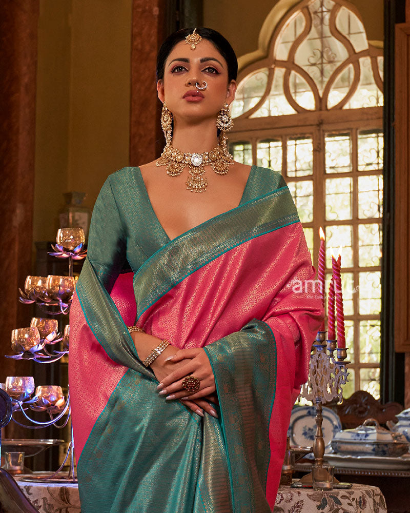 Pink and Teal Paisley Woven Border Kanjeevaram Silk Saree with Unstitched Blouse 02