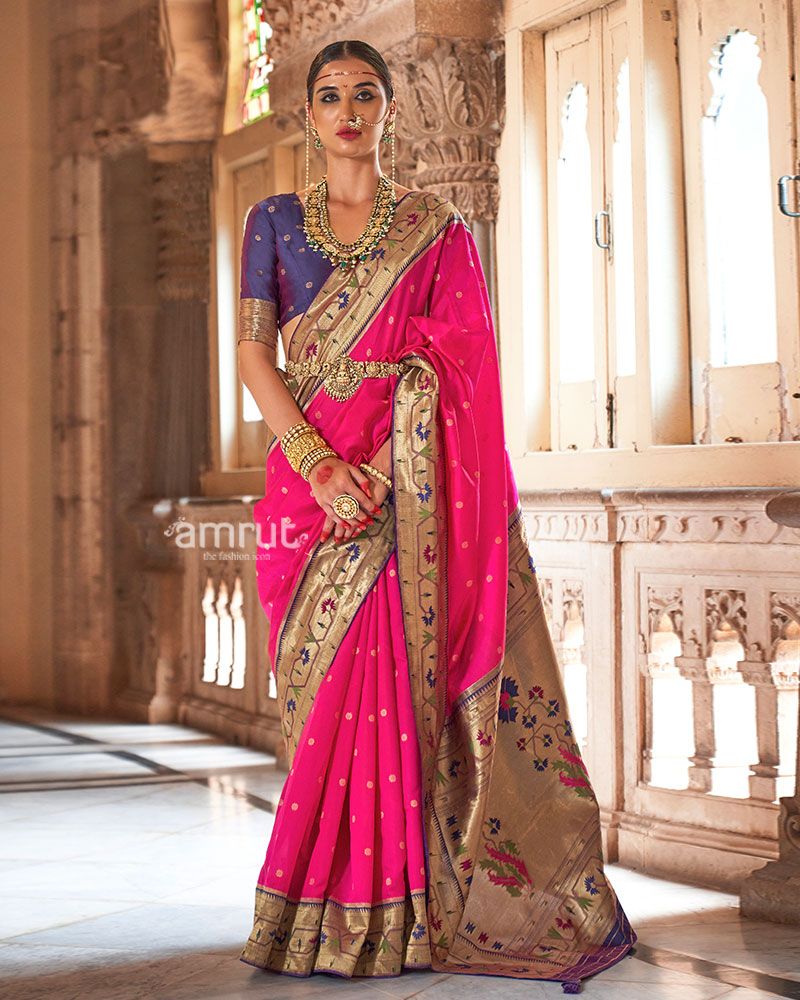 Pink with Blue Zari Border Paithani Silk Saree and Unstitched Blouse01