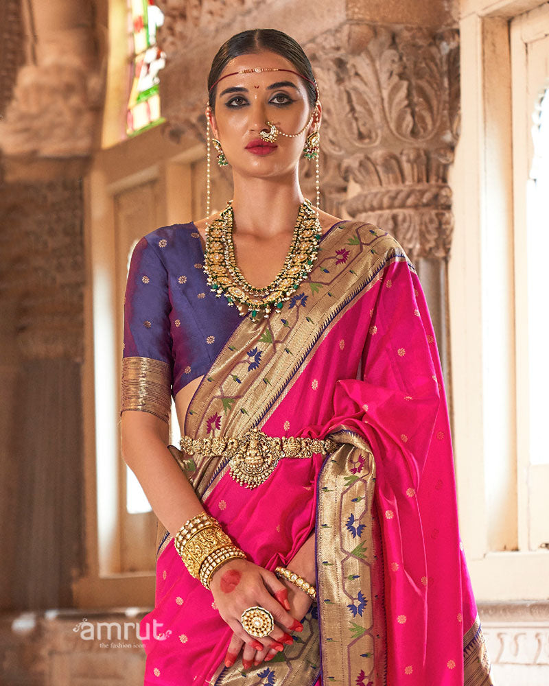 Pink with Blue Zari Border Paithani Silk Saree and Unstitched Blouse 02