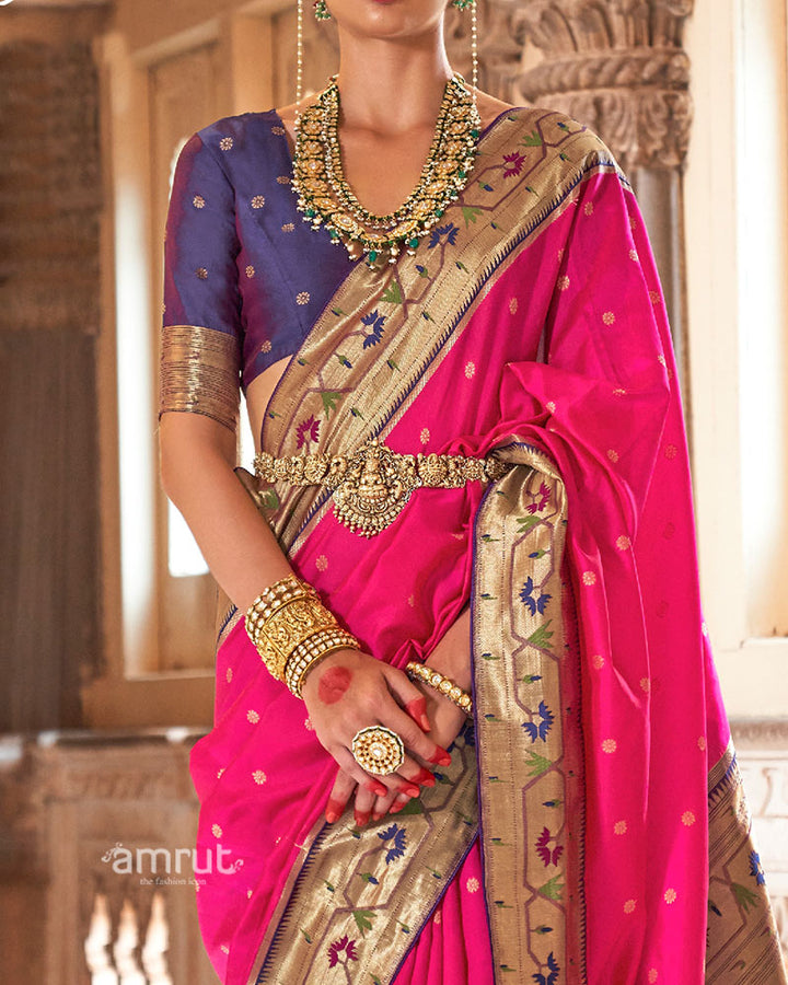 Pink with Blue Zari Border Paithani Silk Saree and Unstitched Blouse 03