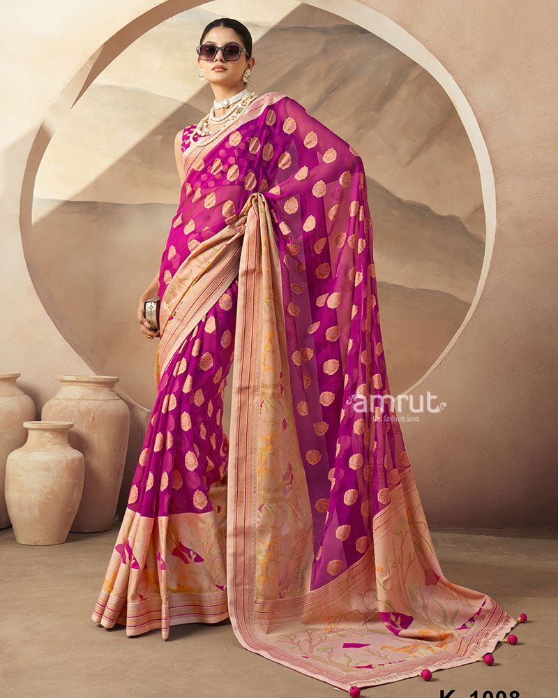 Pink with Golden Polka Dots Nature Inspired Print Border Georgette Saree and Unstitched Blouse 01