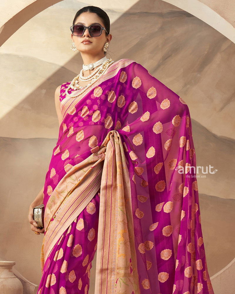 Pink with Golden Polka Dots Nature Inspired Print Border Georgette Saree and  Unstitched Blouse 02