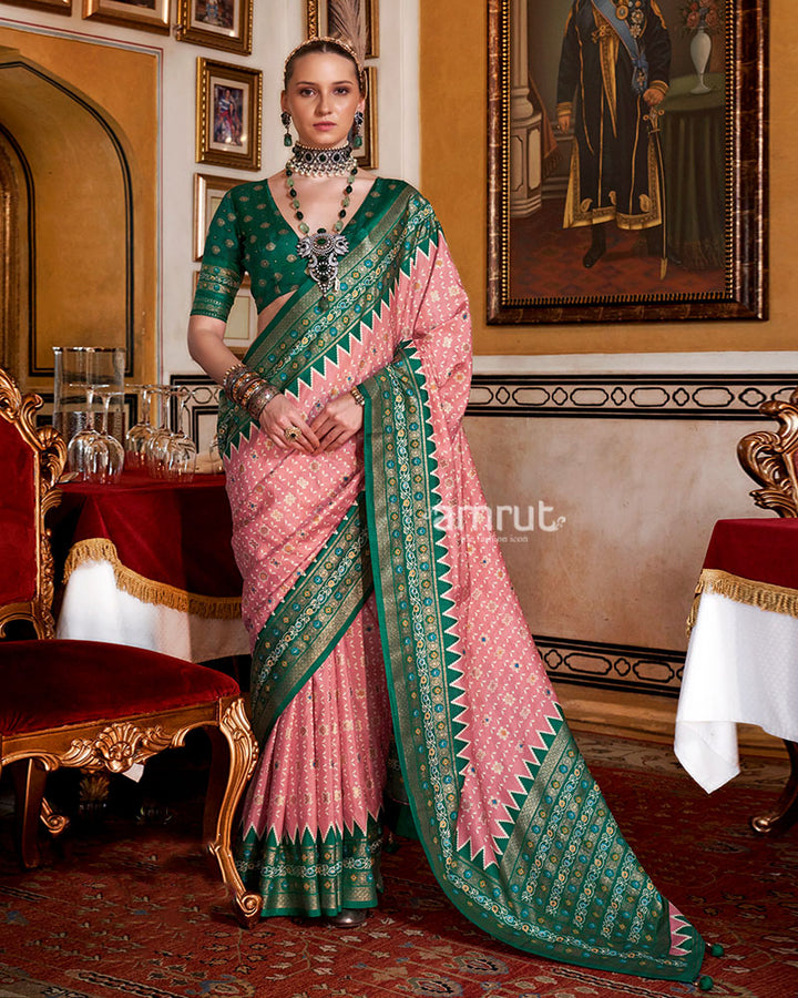 Pink with Green Floral Motifs Printed Border Saree and Unstitched Blouse 01