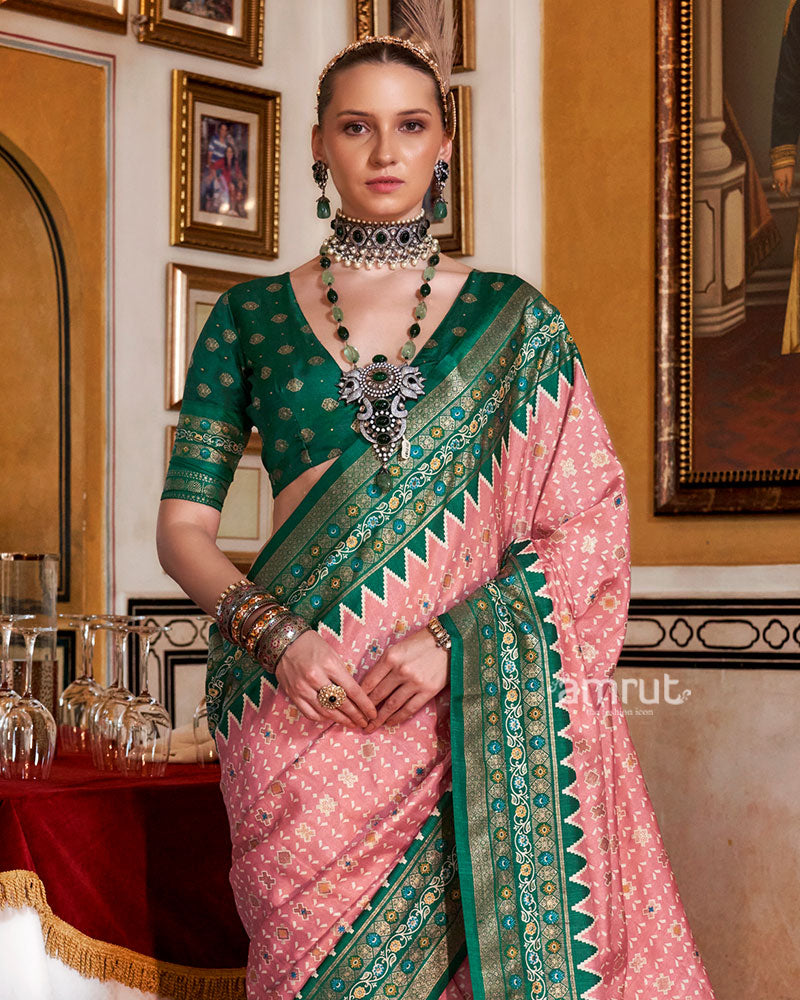Pink with Green Floral Motifs Printed Border Saree and Unstitched Blouse 02