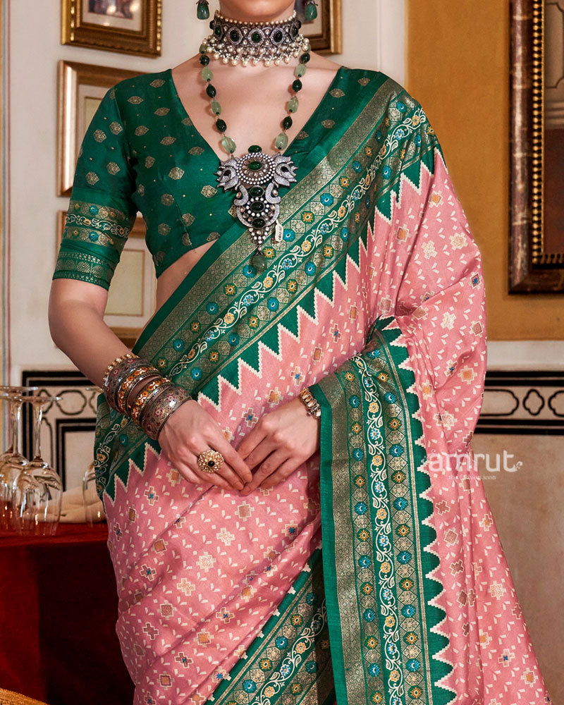 Pink with Green Floral Motifs Printed Border Saree and Unstitched Blouse 03