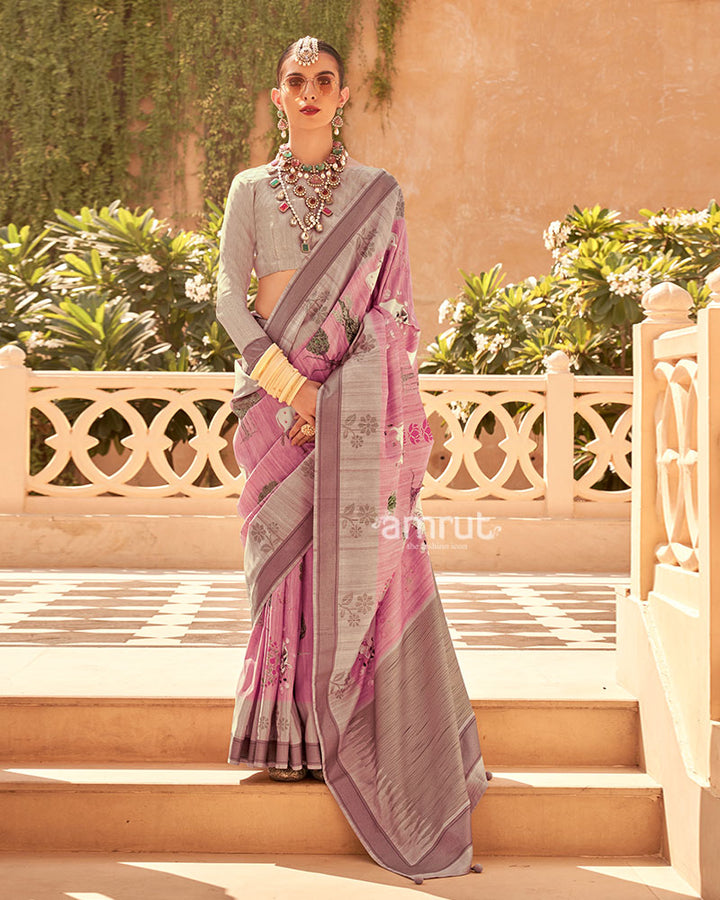 Pink with Light Brown Border Printed Saree and Unstitched Blouse 01