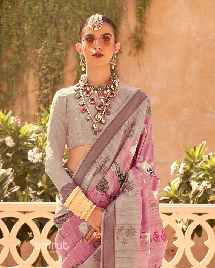 Pink with Light Brown Border Printed Saree and Unstitched Blouse 02