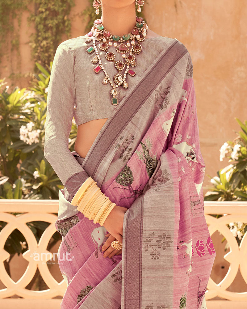 Pink with Light Brown Border Printed Saree and Unstitched Blouse 03