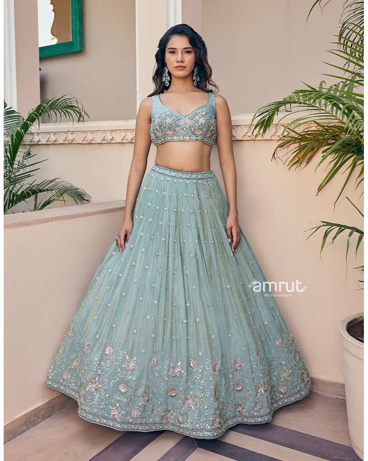 Pistachio Green Georgette Embroidered Lehenga