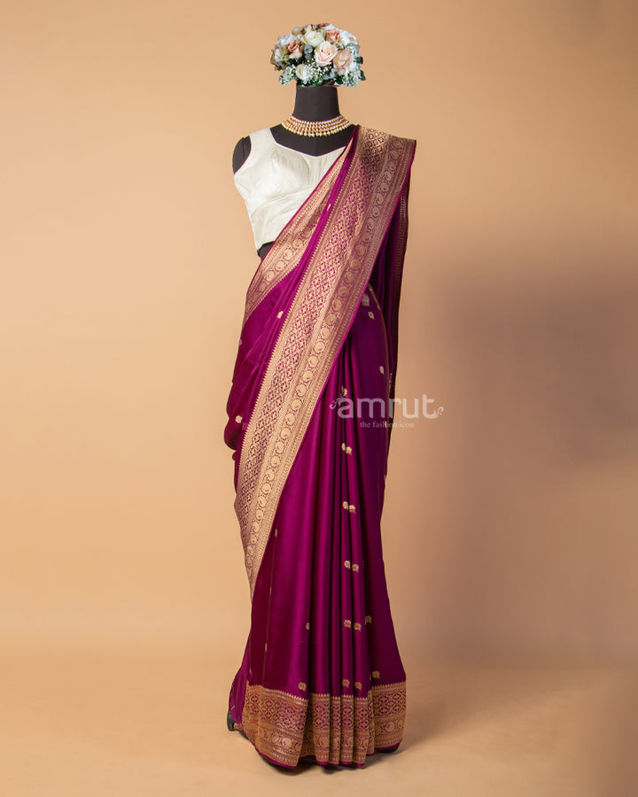 Plum Banarasi Silk Saree With Unstitched-Blouse