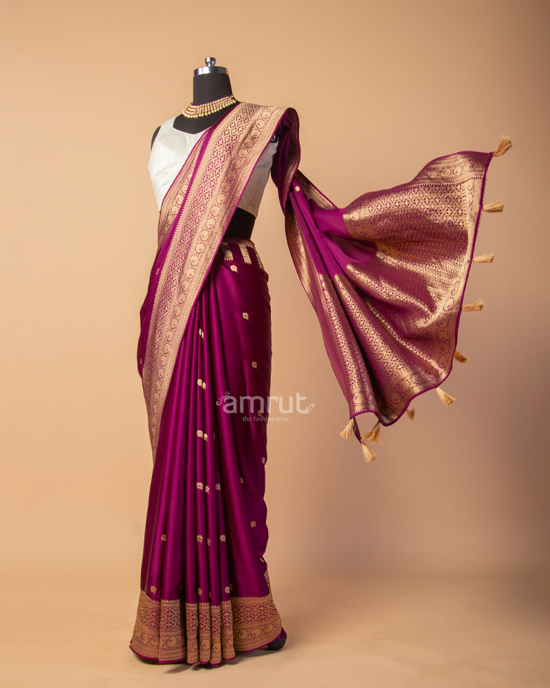 Plum Banarasi Silk Saree With Unstitched-Blouse