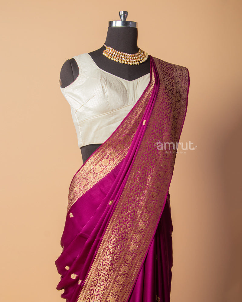 Plum Banarasi Silk Saree With Unstitched-Blouse