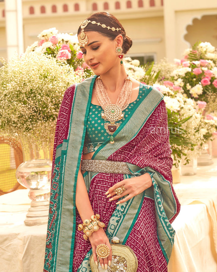 Plum Ikat Weave Printed Silk Saree With Contrast Border