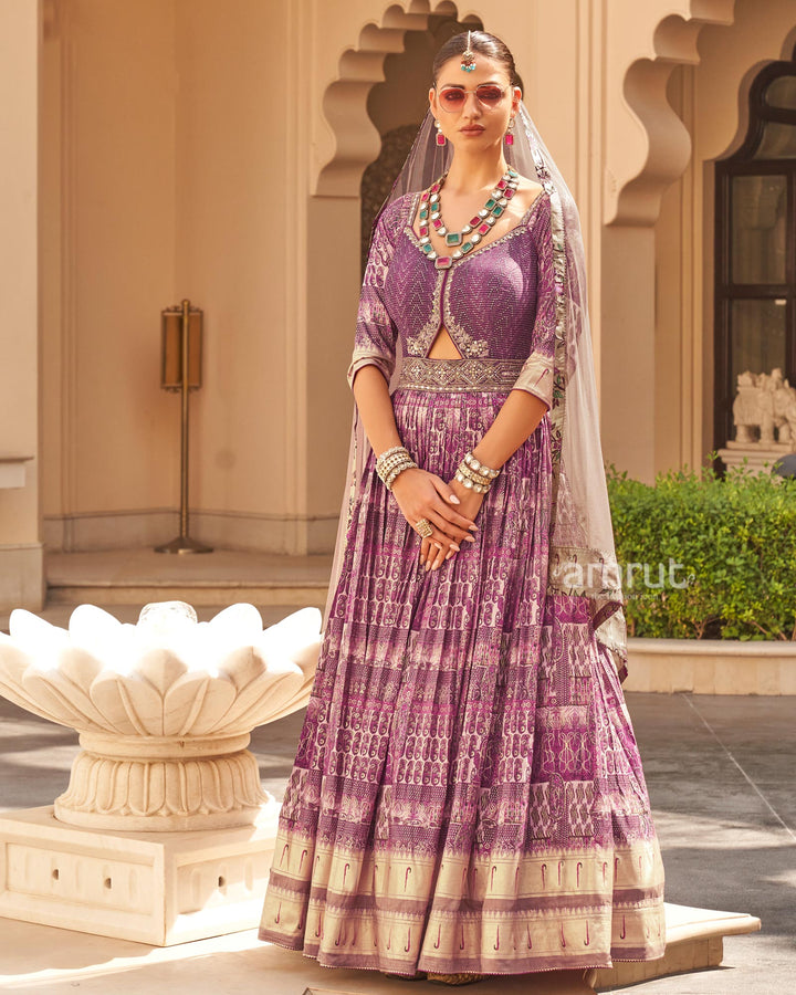 Plum Printed Anarkali Dress and Men Kurta Set