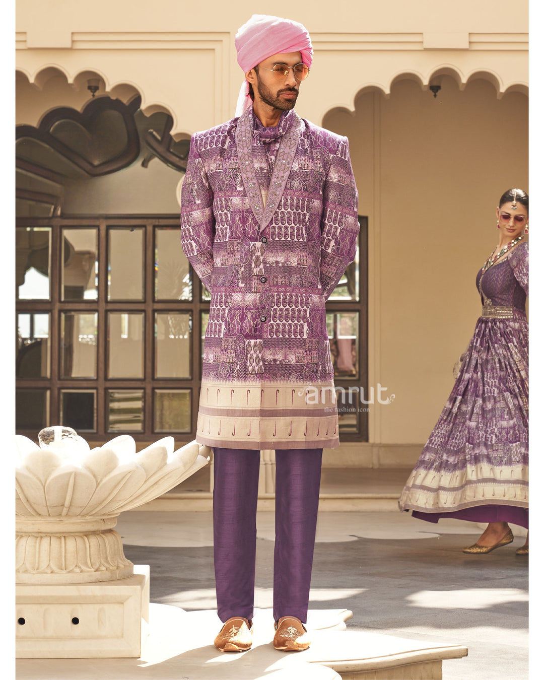 Plum Printed Anarkali Dress and Men Kurta Set