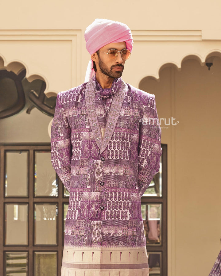 Plum Printed Anarkali Dress and Men Kurta Set