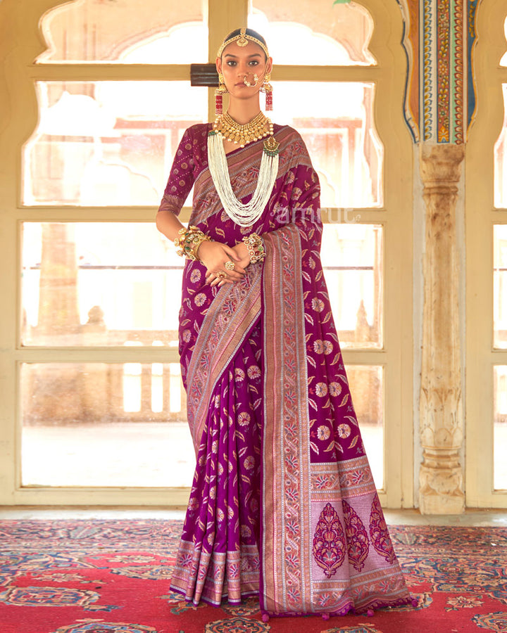 Plum Velvet Floral Printed Saree With Unstitched Blouse