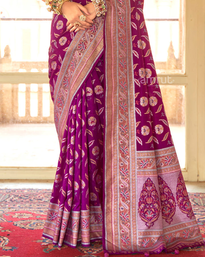 Plum Velvet Floral Printed Saree With Unstitched Blouse