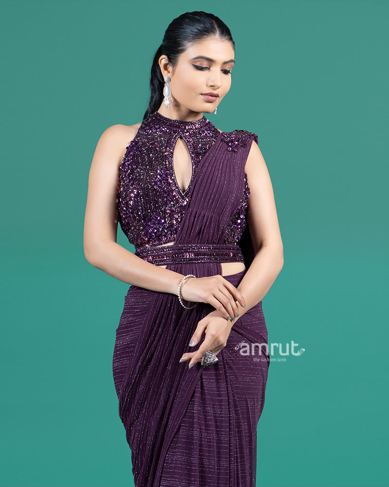 Plum Purple Shimmer Drape Saree with Embellished Halter Blouse 02