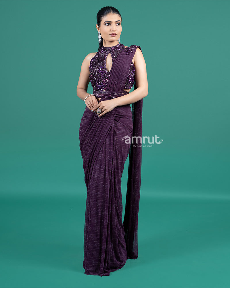 Plum Purple Shimmer Drape Saree with Embellished Halter Blouse 04