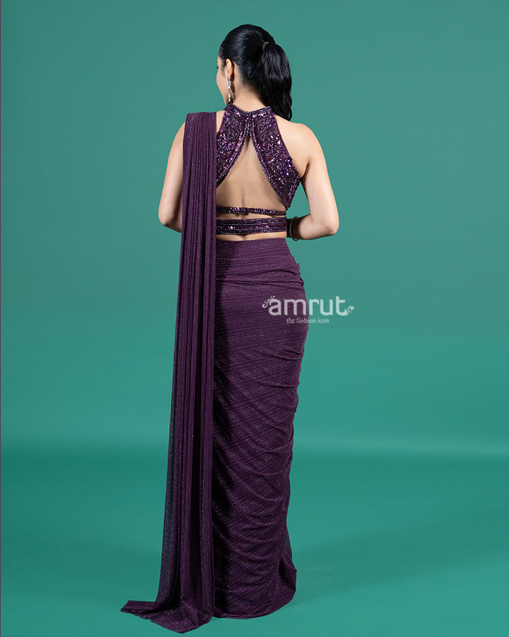 Plum Purple Shimmer Drape Saree with Embellished Halter Blouse 05