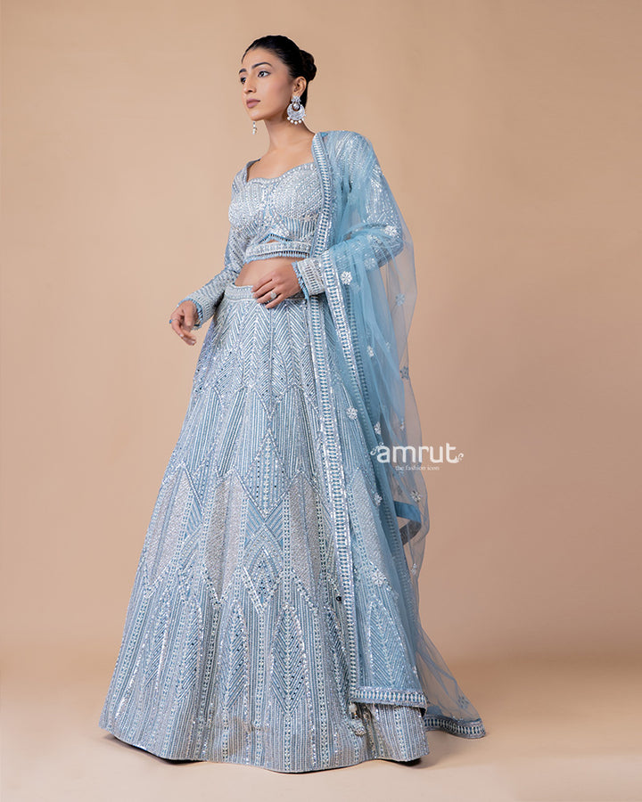 Powder Blue Embroidered Lehenga Choli with Net Dupatta