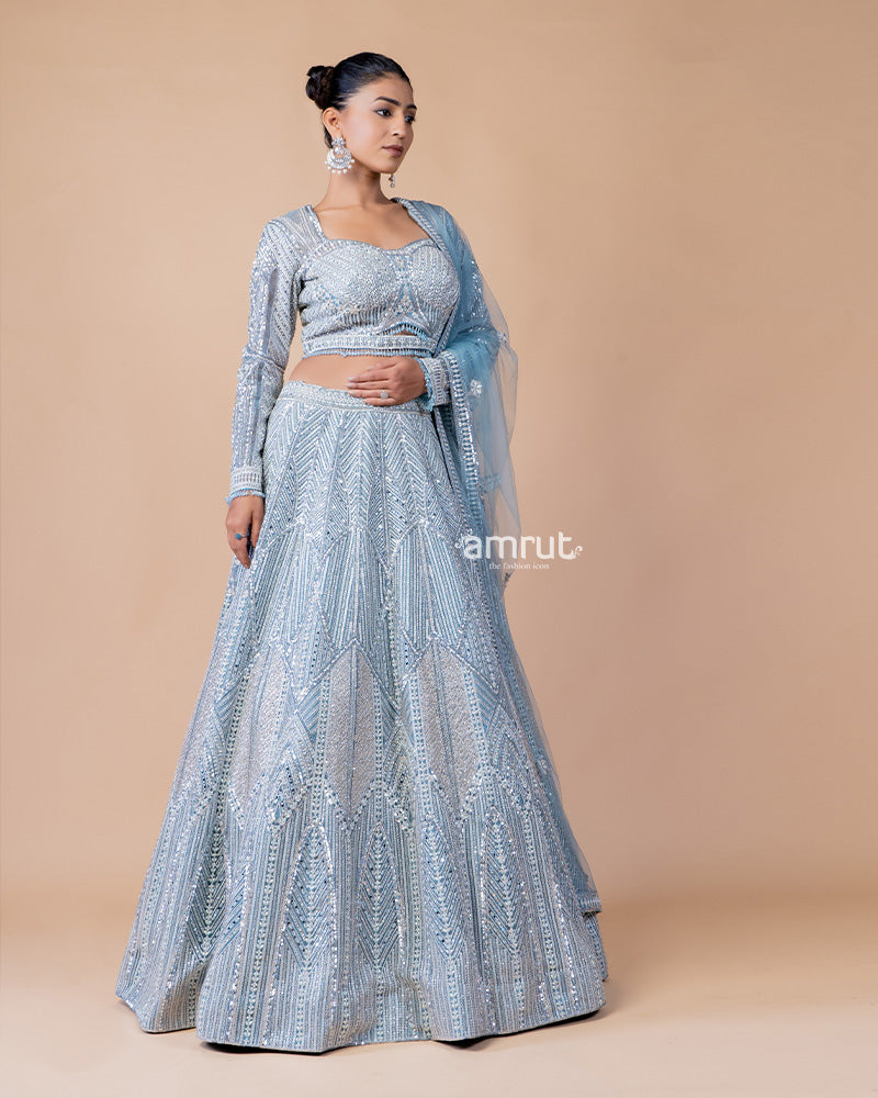 Powder Blue Embroidered Lehenga Choli with Net Dupatta