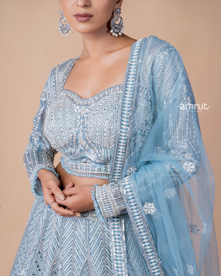 Powder Blue Embroidered Lehenga Choli with Net Dupatta