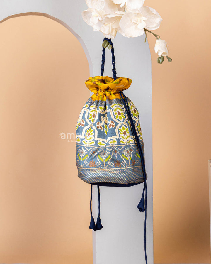 Powder Blue Patola Print Potli Bag