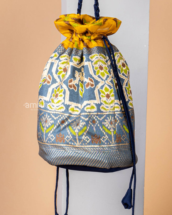 Powder Blue Patola Print Potli Bag