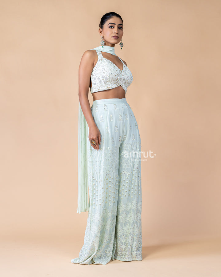 Powder Green Palazzo and Crop Top Set with Net Dupatta