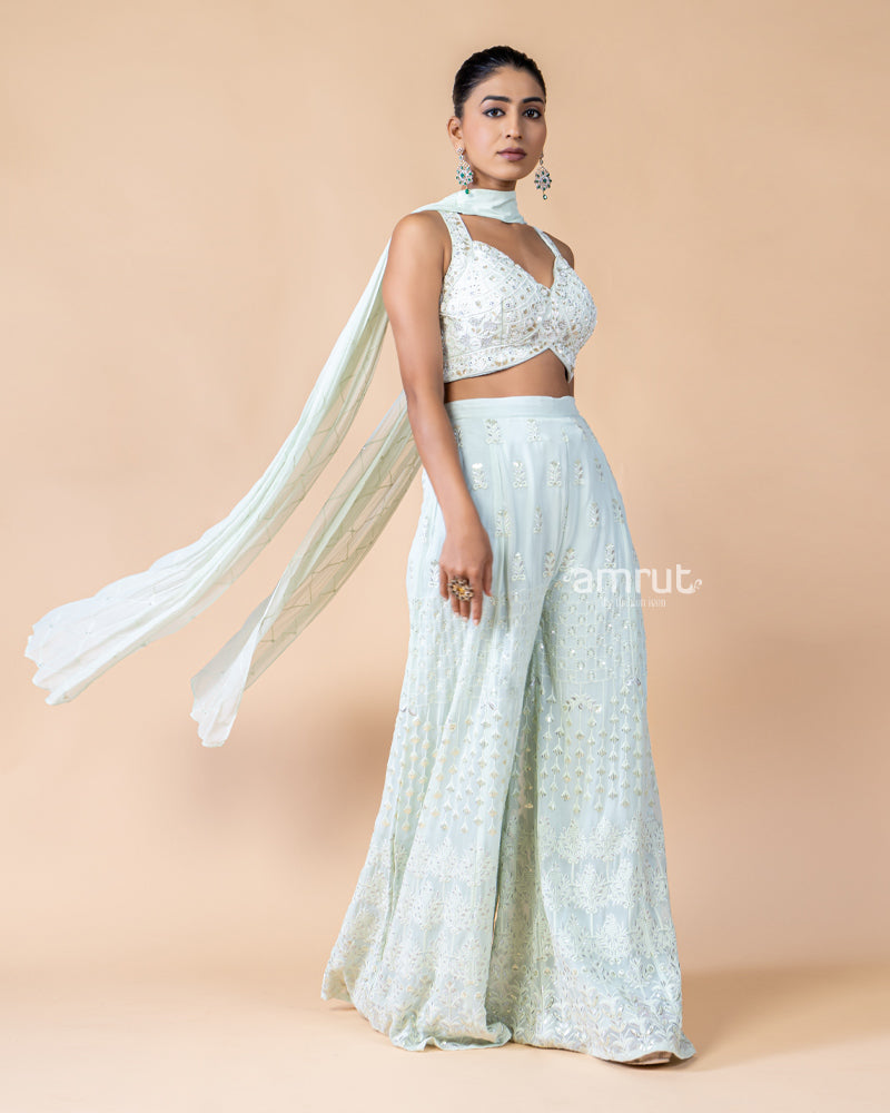 Powder Green Palazzo and Crop Top Set with Net Dupatta