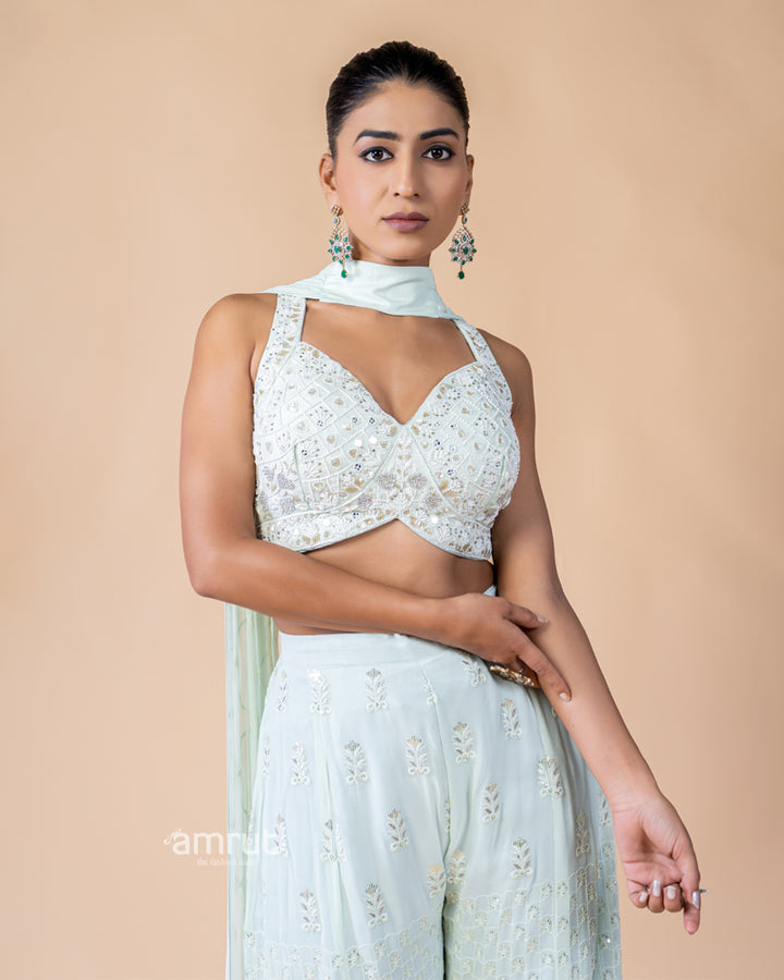 Powder Green Palazzo and Crop Top Set with Net Dupatta