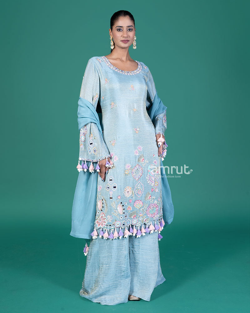 Powder Blue Embroidered Salwar Kameez with Tassel Sleeves and Dupatta 01