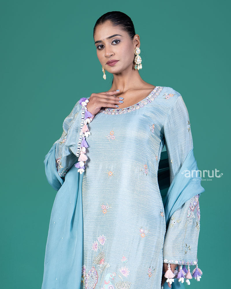 Powder Blue Embroidered Salwar Kameez with Tassel Sleeves and Dupatta 02