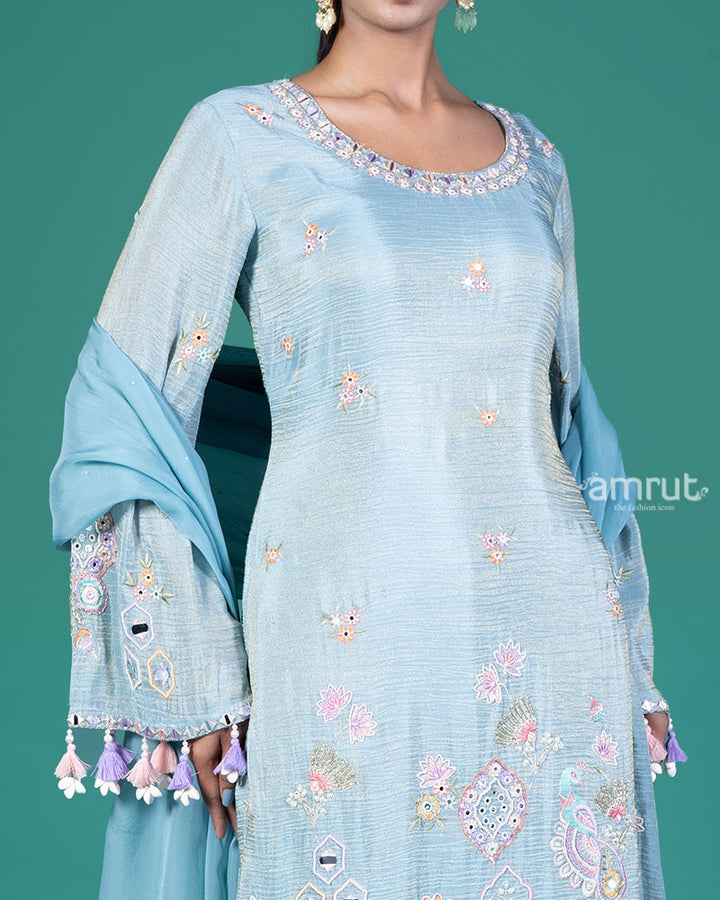 Powder Blue Embroidered Salwar Kameez with Tassel Sleeves and Dupatta 03