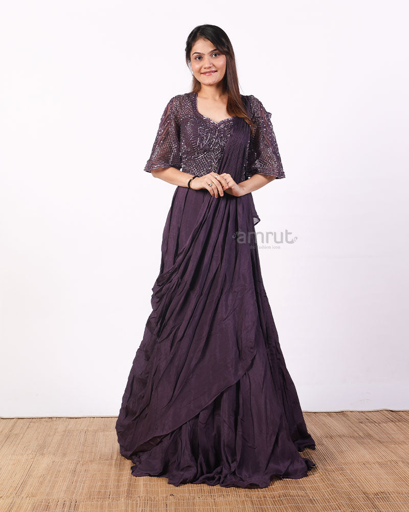Pre-Draped Wine Coloured Party Gown