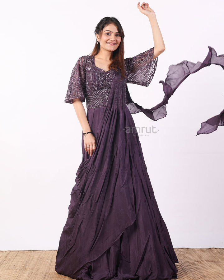 Pre-Draped Wine Coloured Party Gown