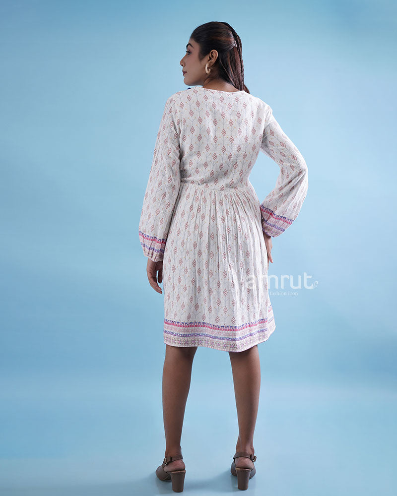 Printed White a-line Dress With Full Length Sleeve